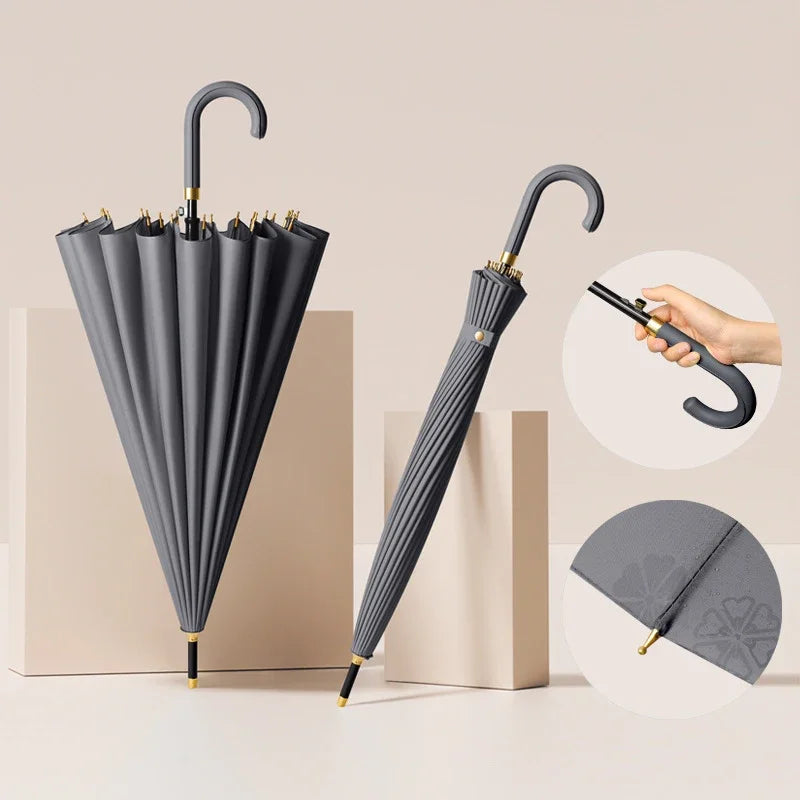 Luxury Windproof Umbrella with Strong Ribs, Long Handle Rain Umbrella for Women, Semi-Automatic Golf, Large Waterproof