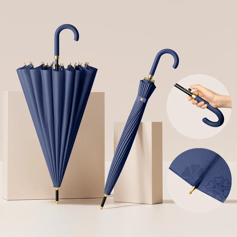 Luxury Windproof Umbrella with Strong Ribs, Long Handle Rain Umbrella for Women, Semi-Automatic Golf, Large Waterproof