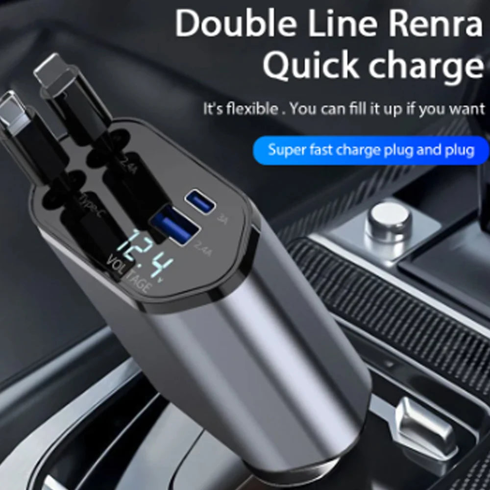 Ultimate 120W Fast Charge Car Charger, Retractable Cable for iPhone & Samsung, Type C PD Adapter