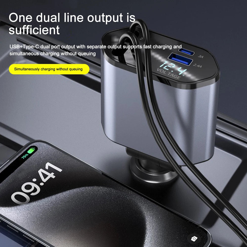 Ultimate 120W Fast Charge Car Charger Retractable Cable For IPhone  Samsung Type C PD Adapter 1