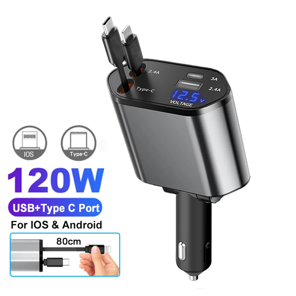 Ultimate 120W Fast Charge Car Charger Retractable Cable For IPhone  Samsung Type C PD Adapter 6