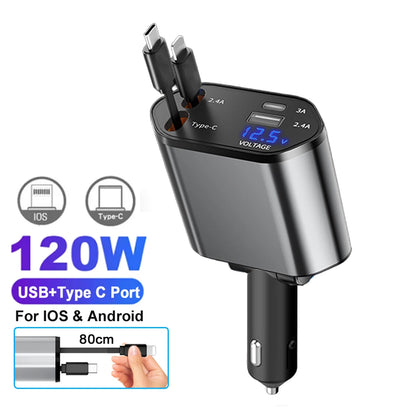 Ultimate 120W Fast Charge Car Charger Retractable Cable For IPhone  Samsung Type C PD Adapter 6