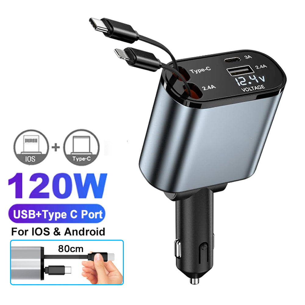 Ultimate 120W Fast Charge Car Charger Retractable Cable For IPhone  Samsung Type C PD Adapter 7