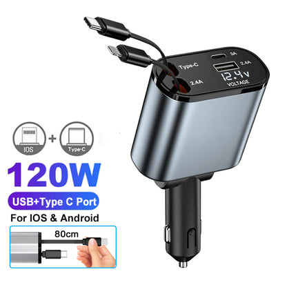 Ultimate 120W Fast Charge Car Charger Retractable Cable For IPhone  Samsung Type C PD Adapter 7