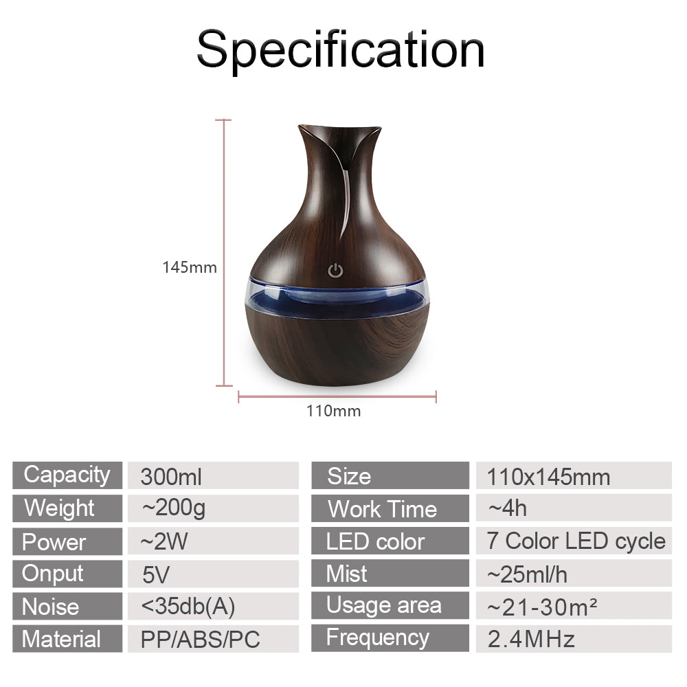 7-Color Mood LED Cool Mist Maker, 300ml USB Aromatherapy Humidifier Diffuser for Dry Air Relief in Bedroom & Home
