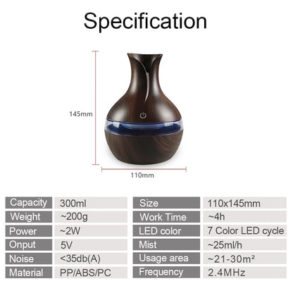 7-Color Mood LED Cool Mist Maker, 300ml USB Aromatherapy Humidifier Diffuser for Dry Air Relief in Bedroom & Home