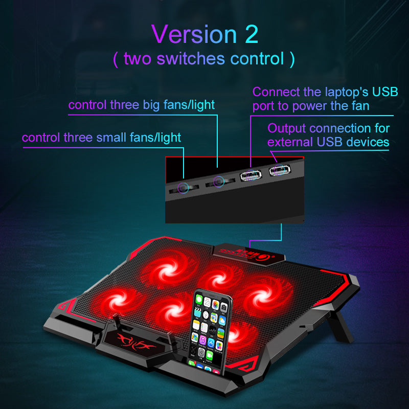 Gaming Laptop Cooler Six Fan LED Screen Two USB Port High Speed Notebook Stand Laptop Cooling Pad 2