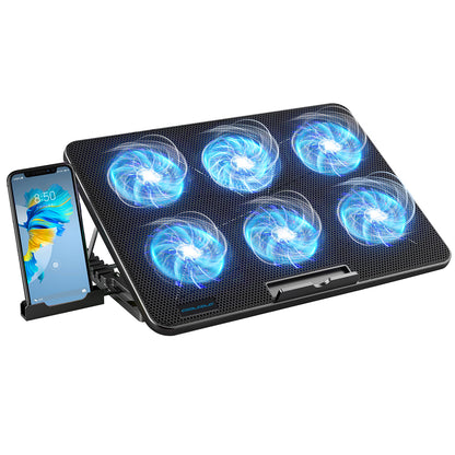 Laptop Cooling Pad with 6 Quiet Fans, 7 Height Adjustable Stand, Ergonomic Laptop Cooler with Mobile Phone Holder
