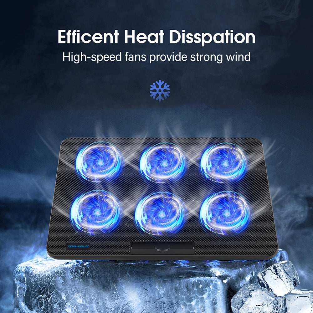 Laptop Cooling Pad with 6 Quiet Fans, 7 Height Adjustable Stand, Ergonomic Laptop Cooler with Mobile Phone Holder