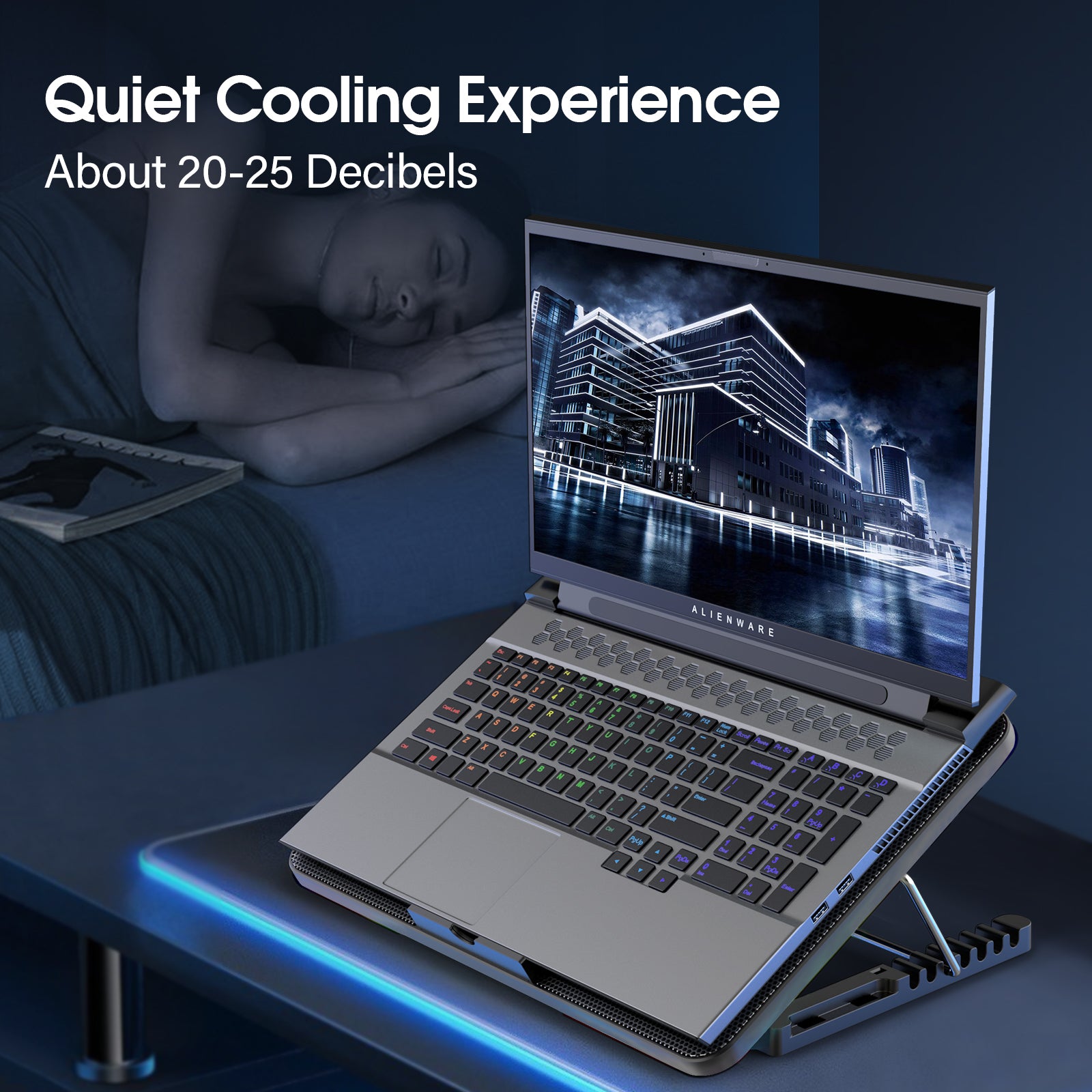 Laptop Cooling Pad with 6 Quiet Fans, 7 Height Adjustable Stand, Ergonomic Laptop Cooler with Mobile Phone Holder