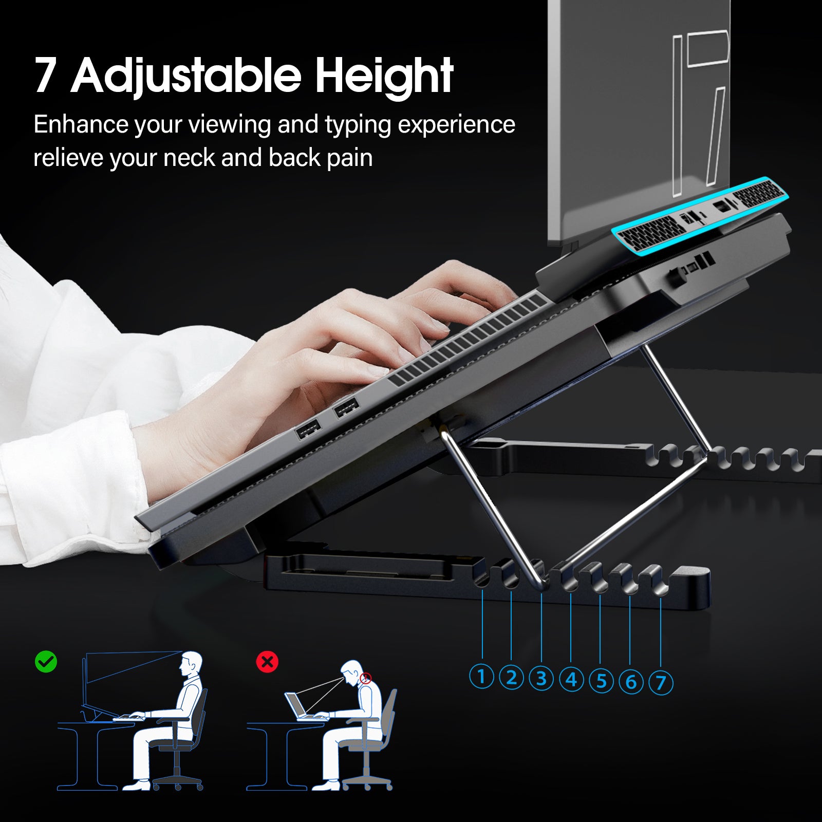 Laptop Cooling Pad with 6 Quiet Fans, 7 Height Adjustable Stand, Ergonomic Laptop Cooler with Mobile Phone Holder