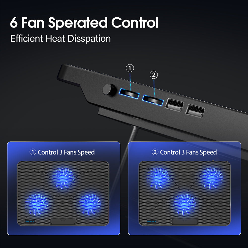 Laptop Cooling Pad with 6 Quiet Fans, 7 Height Adjustable Stand, Ergonomic Laptop Cooler with Mobile Phone Holder