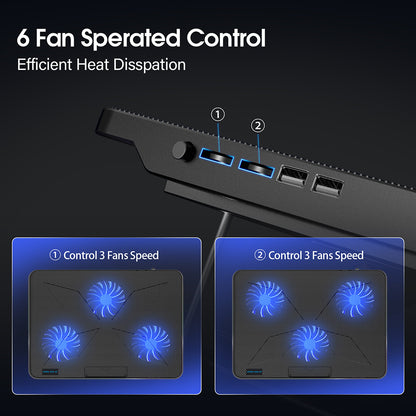 Laptop Cooling Pad with 6 Quiet Fans, 7 Height Adjustable Stand, Ergonomic Laptop Cooler with Mobile Phone Holder