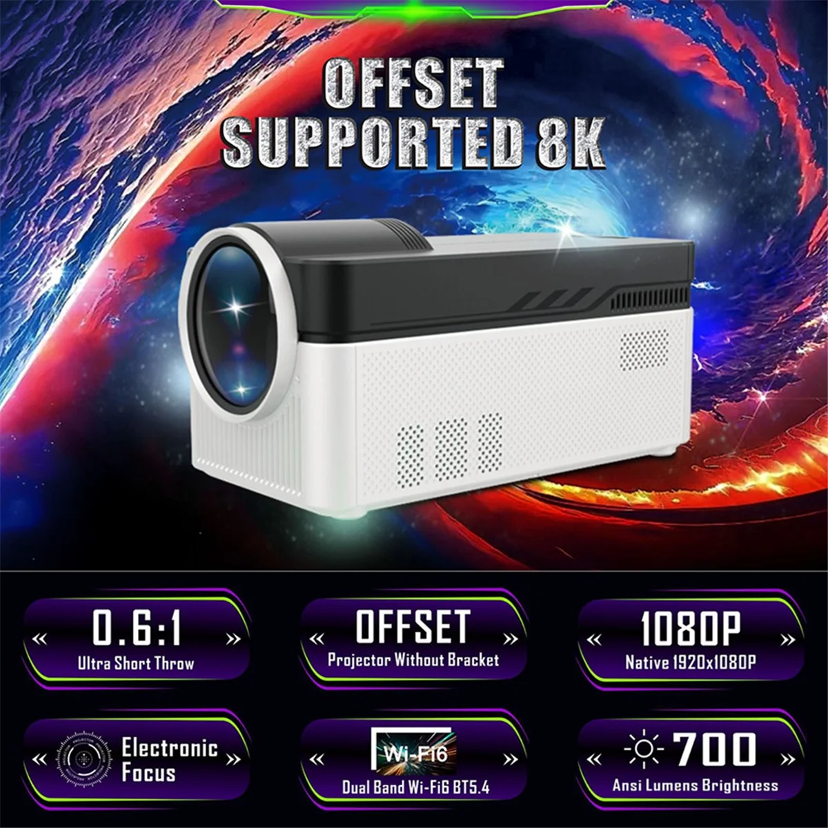 8K Supported 1080P Ultra Short Throw Projector Allwinner H716 Chip BT54 Auto Offset  Electronic Foc 1