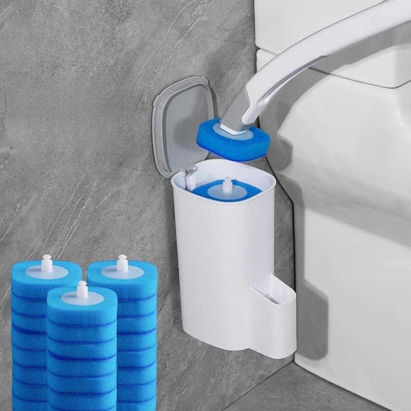 Hygienic Disposable Toilet Brush System, Wall-Mounted WC Accessory with Cleaning Liquid & Replaceable Heads