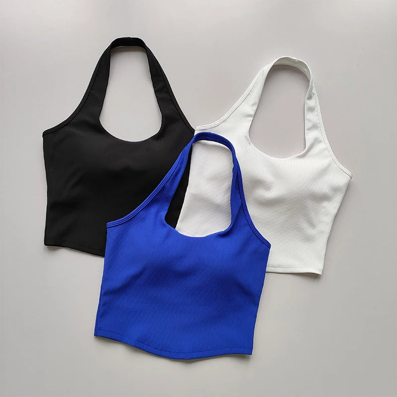 Womens Shockproof Running Gathering Bra, One Piece Cup Summer New Sports Bra, Hanging Neck Back Fitness Tank Top