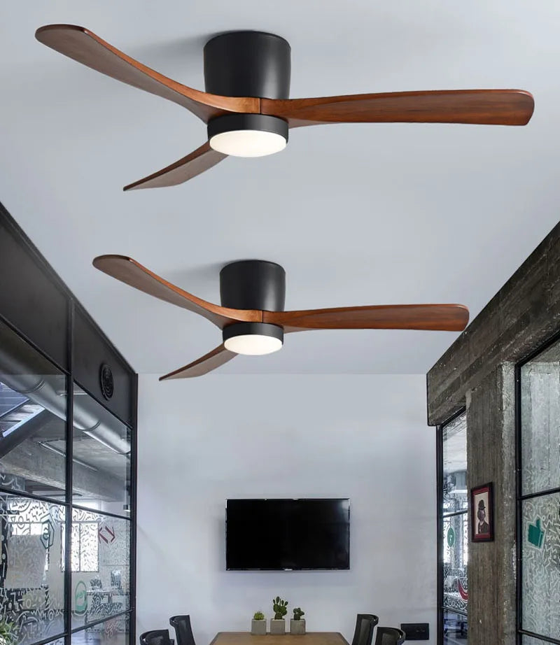 Whisper-Quiet Flush Mount Ceiling Fan with Light , Blade Carved Wood Design, Remote Control & Reversible Motor