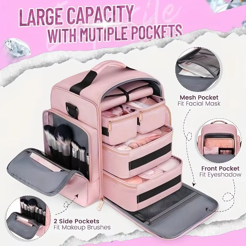 Large Travel Makeup Bag Organizer with Removable Cosmetic Cases & Jewelry Roll