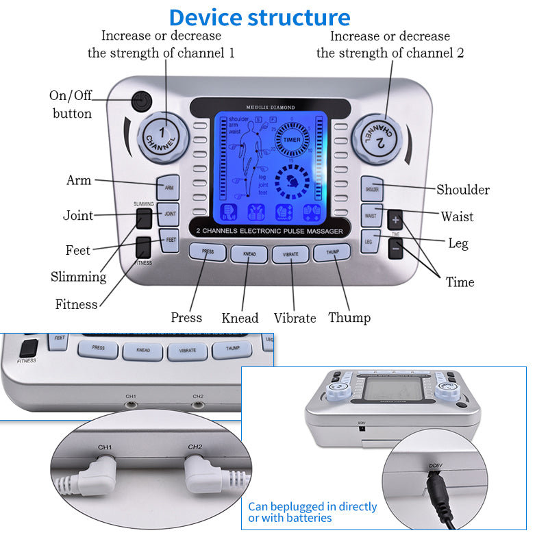 Professional 12 Mode TENS EMS Muscle Stimulator Electric Pulse Massager For Digital Pain Relief  He 4