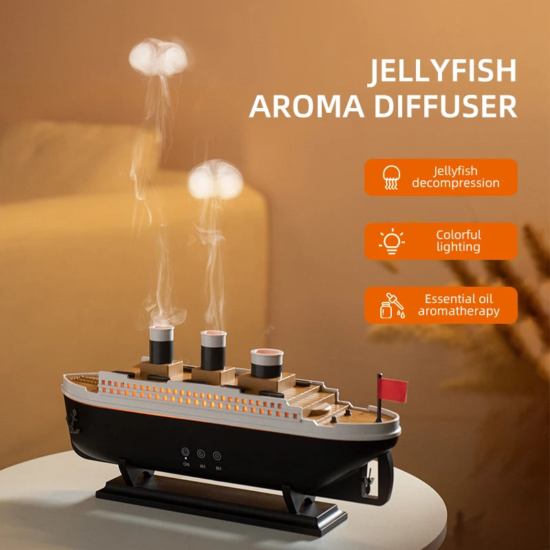 Titanic Ship Model Air Humidifier, Remote Control Essential Oil Diffuser with Jellyfish Smoke Ring Spray & Home Aroma