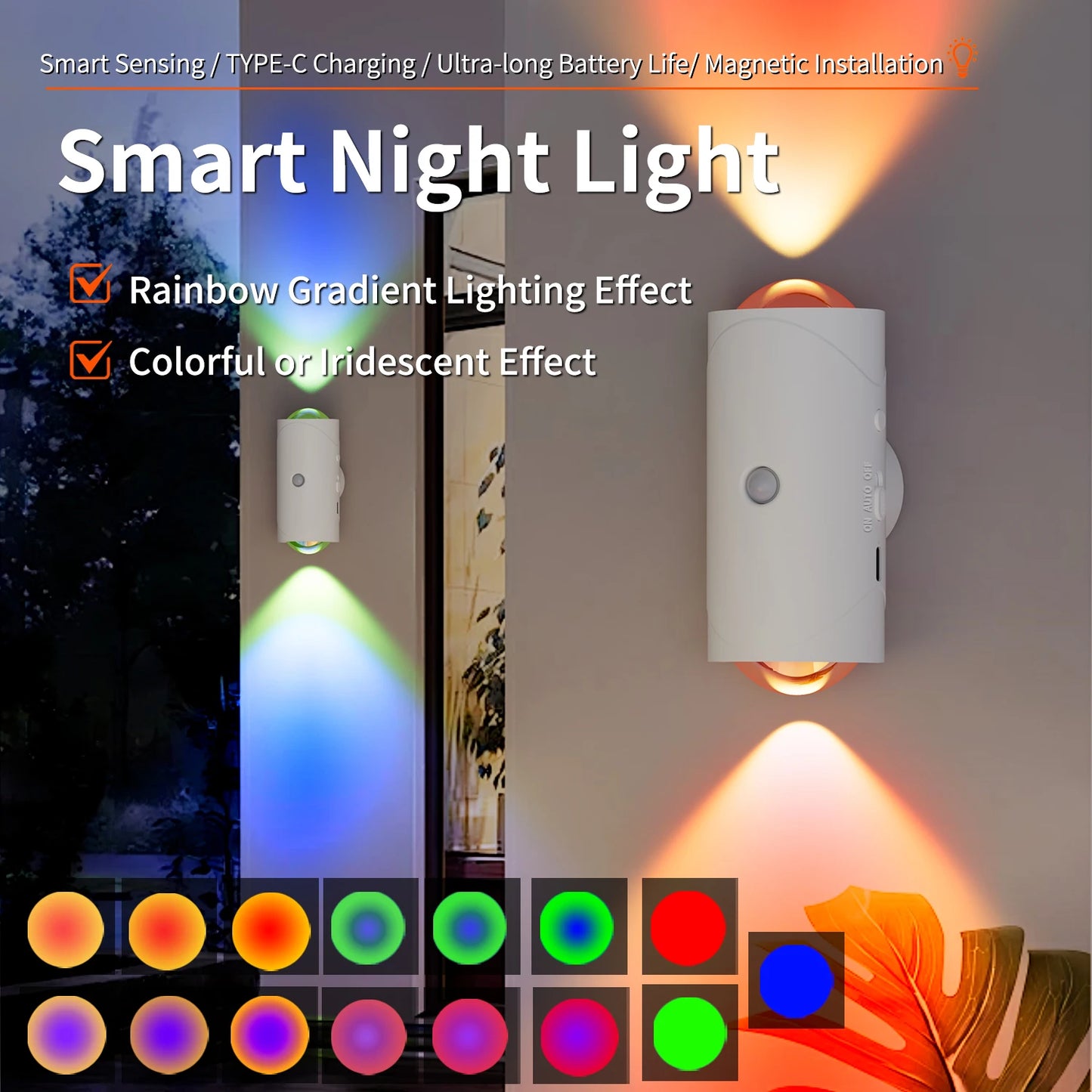 RGB Motion Sensor Wall Lamp, Rechargeable LED Up & Down Light with Warm White, Auto Night Light for Stairs, Porch