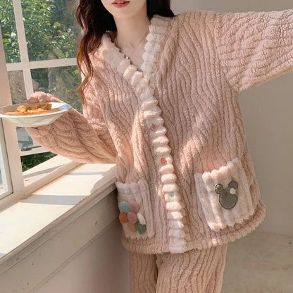 Womens Winter Flannel Pajama Set With Cardigan 4