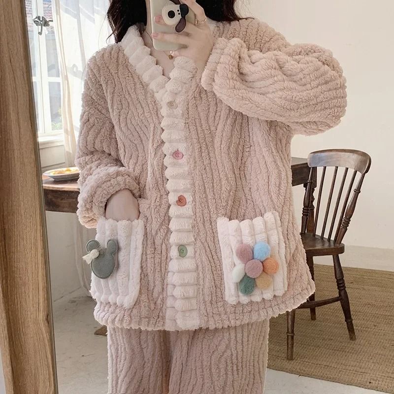 Womens Winter Flannel Pajama Set With Cardigan 5