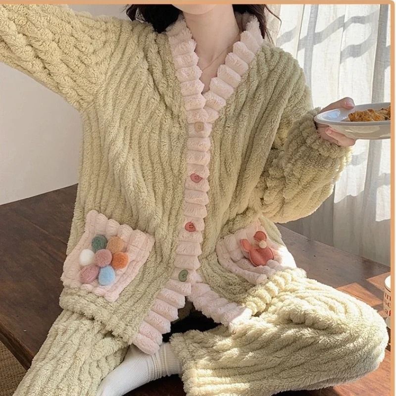 Womens Winter Flannel Pajama Set With Cardigan 6