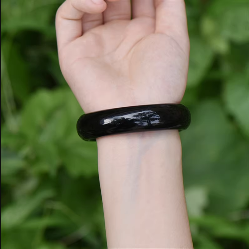 Elegant Real Black Jade Bangle Bracelet, Natural Chalcedony Stone Solid Bangle, a Timeless Jewelry Gift for Women