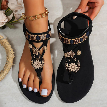 Womens Bohemian Style Elastic Flat Sandals With Round Toe 1