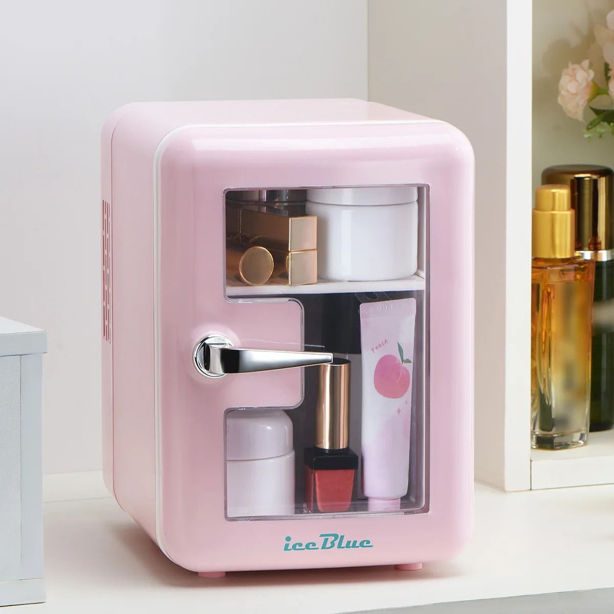 Portable Mini Fridge with Viewing Window for Drinks and Makeup