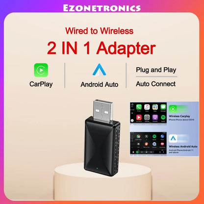 2 in 1 Wired to Wireless CarPlay and Android Auto Adapter USB Plug and Play