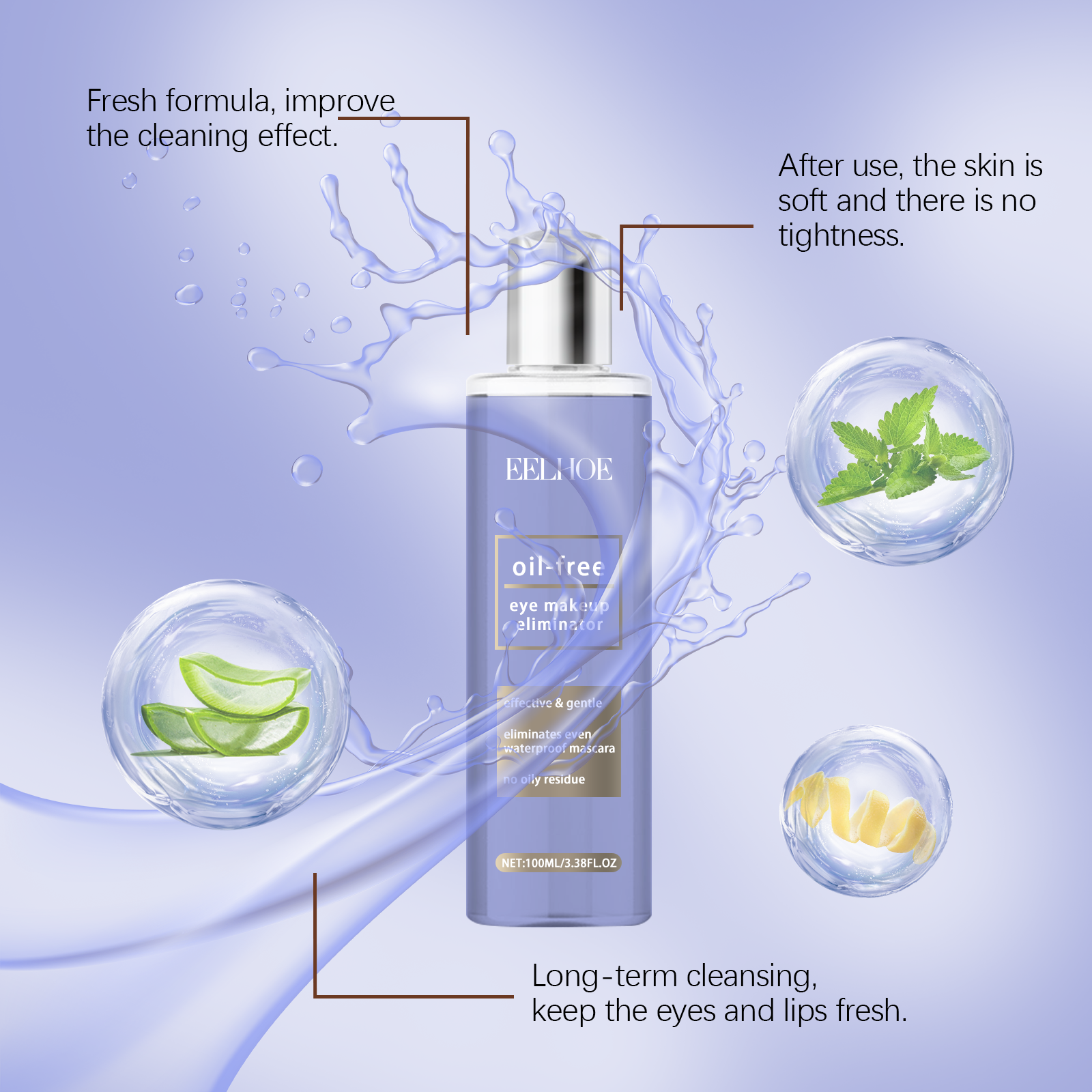 Three in One Cleansing Makeup Remover Water, Eye and Lip Makeup Remover Gently Cleanses Skin, Refreshing Face Cleanser