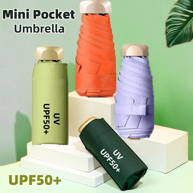 UPF50+ Mini Sun Umbrella, Small Pocket Rain, Travel Umbrella with Vinyl Folding Design for Ultimate UV Protection Sun