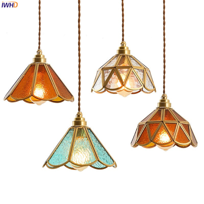 IWHD Japanese Style Vintage Pendant Lamp, Slag Glass & Polished Copper LED Hanglamp for Bedroom, Bar, Cafe