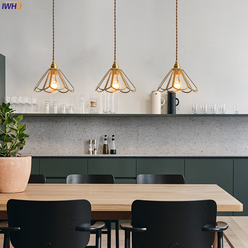 IWHD Japanese Style Vintage Pendant Lamp Slag Glass  Polished Copper LED Hanglamp For Bedroom Bar C 2