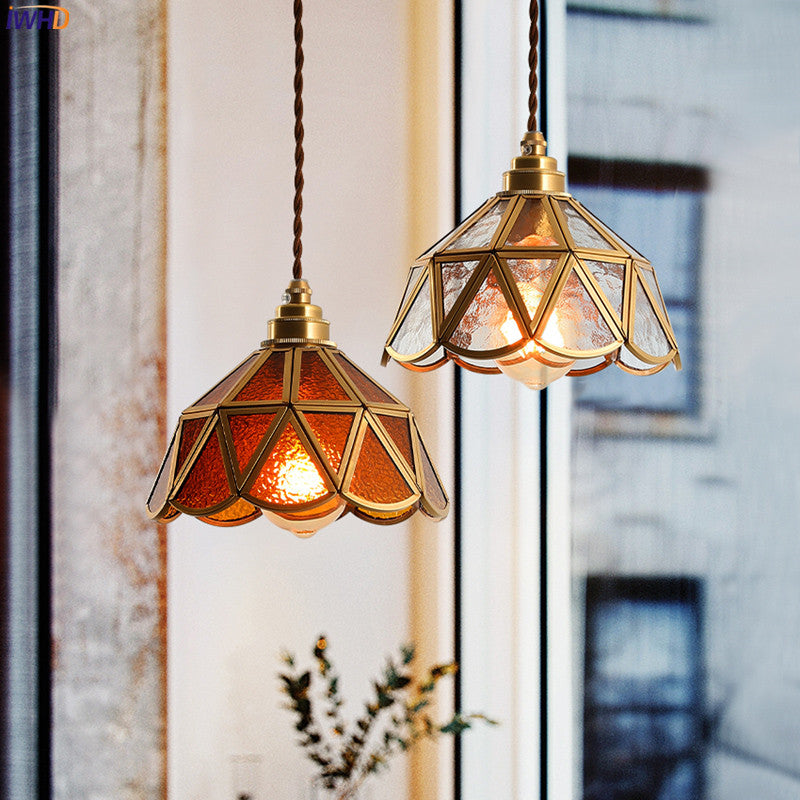 IWHD Japanese Style Vintage Pendant Lamp Slag Glass  Polished Copper LED Hanglamp For Bedroom Bar C 3
