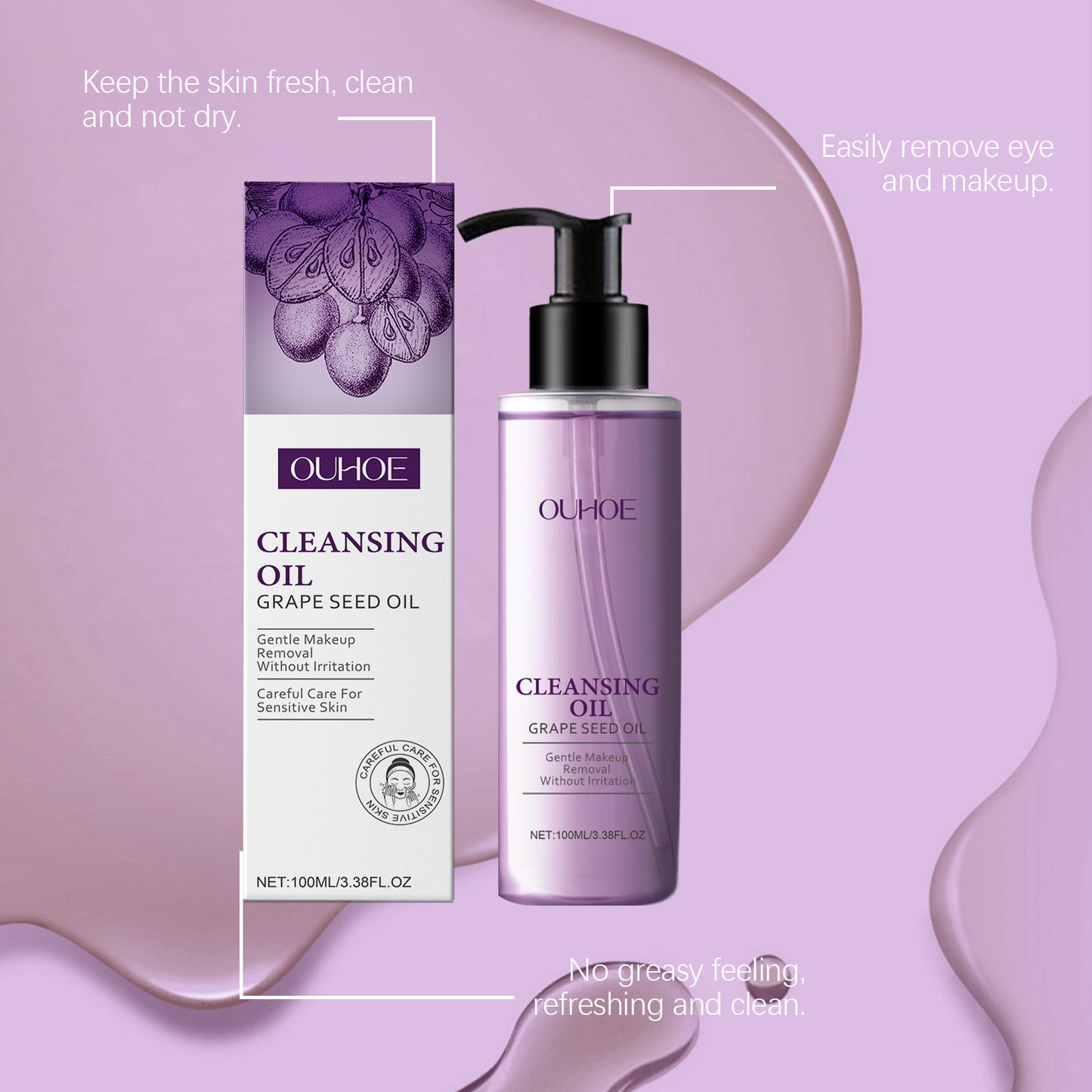 Lightweight Grape Seed Cleansing Oil for Face, Nourish Moisturizing Makeup Remover, Smooth Soothing Non Irritating Oil