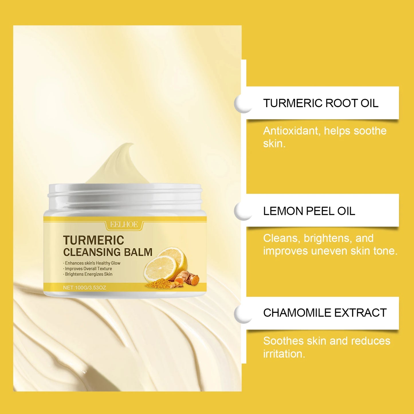 Turmeric Cleansing Balm Face Eye Lip, Ginger Lemon Makeup Remover Balm, Gentle Non Tightening Facial Cleansing Cream
