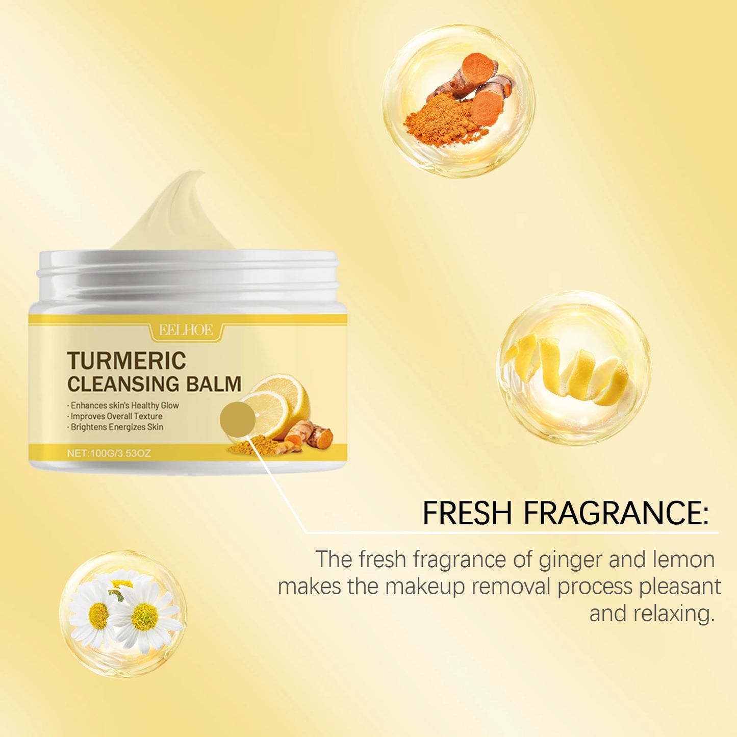 Turmeric Cleansing Balm Face Eye Lip, Ginger Lemon Makeup Remover Balm, Gentle Non Tightening Facial Cleansing Cream