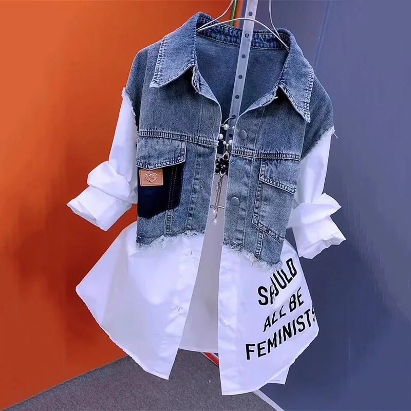 Casual Denim Shirt For Women Splicing Jean Jacket Lightweight Spring Autumn Top 2