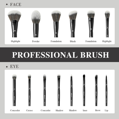 Black Makeup Brush Set Vegan Pro, Powder Foundation Eyeshadow Blush Highlighter, Concealer Eyebrow Brushes Kit