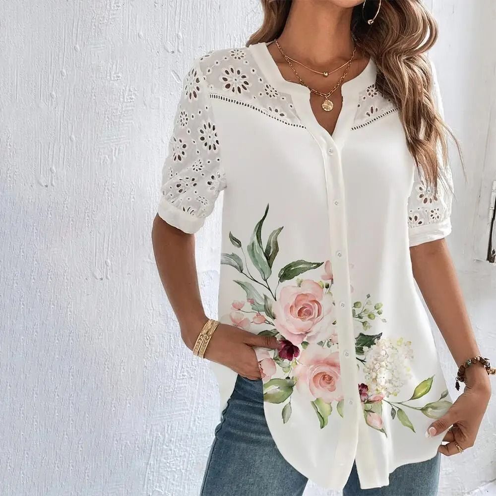 Casual Lace Women Shirt Loose Elegant Short Sleeve Blouse