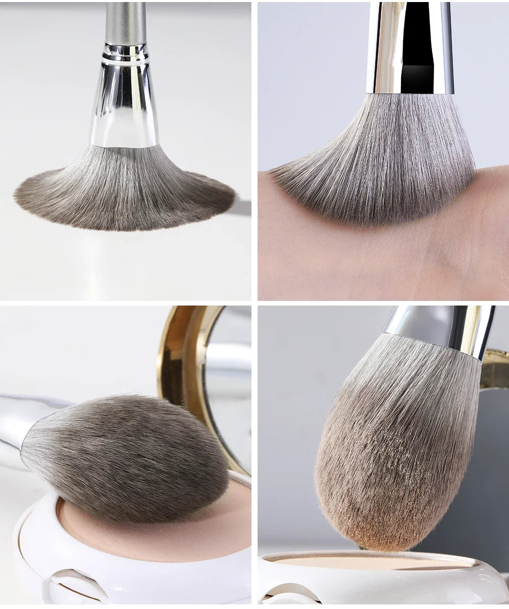 Professional Silver Makeup Brushes Set, Grey Powder Blush Concealer, Eyeshadow Eyeliner Face Beauty Tools