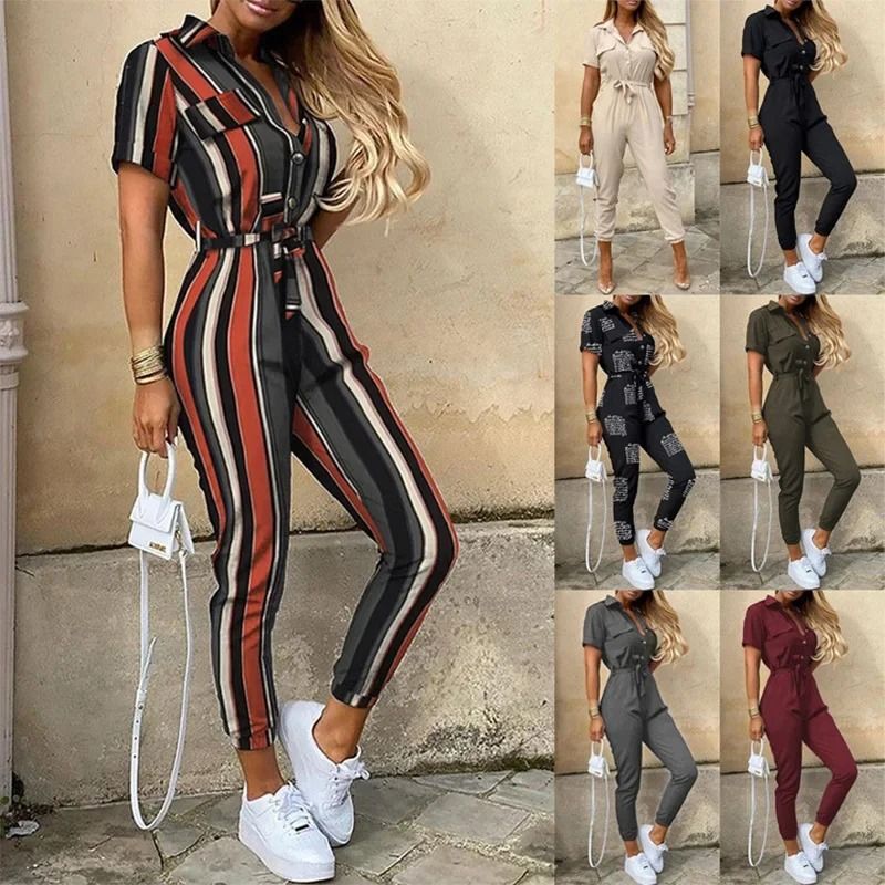 Womens Monochromatic Belted Workwear Jumpsuit Casual Pants 1