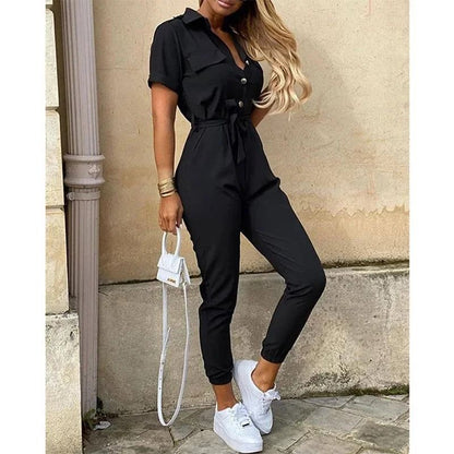 Womens Monochromatic Belted Workwear Jumpsuit Casual Pants 2