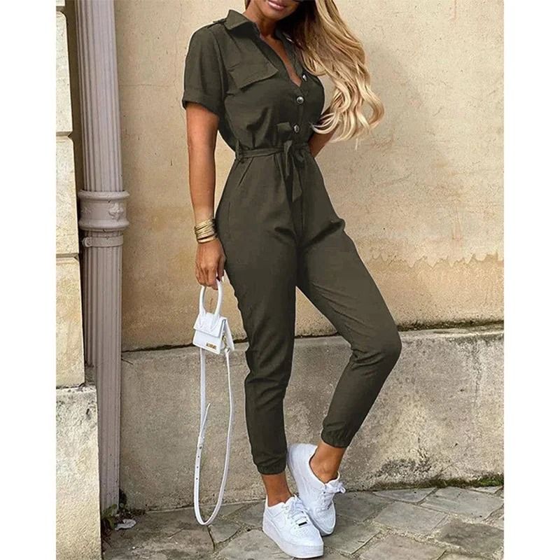 Womens Monochromatic Belted Workwear Jumpsuit Casual Pants 3