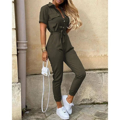 Womens Monochromatic Belted Workwear Jumpsuit Casual Pants 3