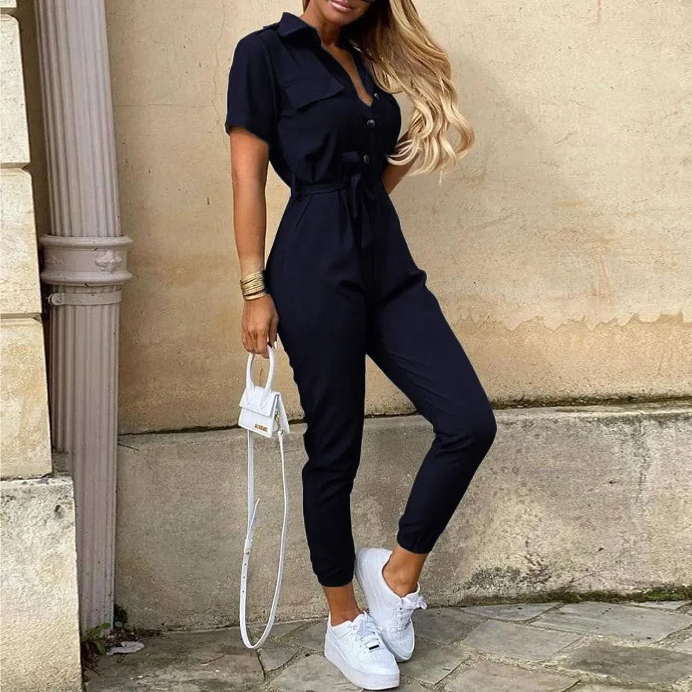 Womens Monochromatic Belted Workwear Jumpsuit Casual Pants 4