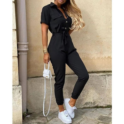Womens Monochromatic Belted Workwear Jumpsuit Casual Pants 9
